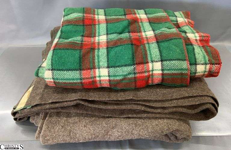3 Wool Blankets, 2 Military Style, 1 Plaid - 68" x 80" approx of largest image