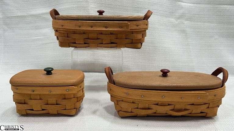 3 Small Longaberger Baskets with Lids and Protectors.  Includes 1995 & 1997 Lavender Baskets and a 1997 Business Card Basket image