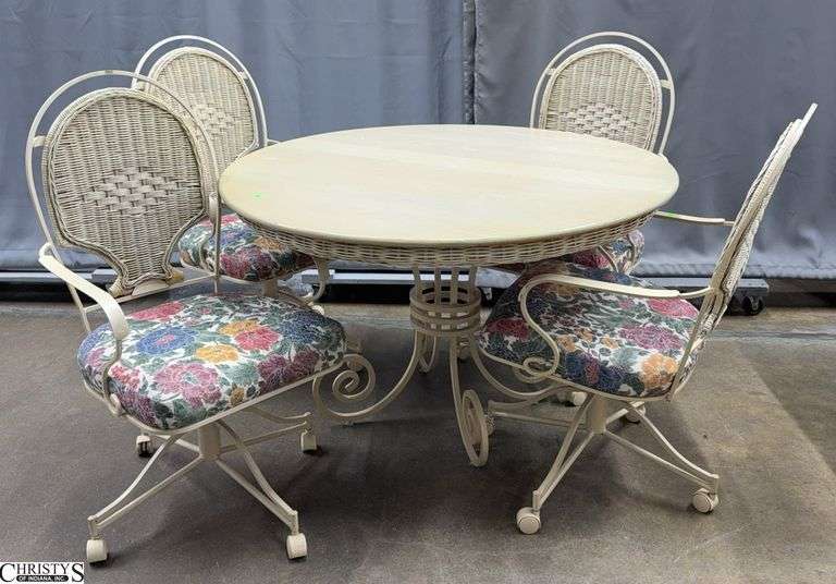 Vintage Chromecraft Iron and Wicker Dining Set, Table 46x29", Chairs on Castors 21x39" image