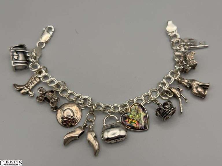 Marked 925 Charm Bracelet with 12 Charms, Boots, Heart, Purse, Mailbox, Ladies Sun Hat and Others image