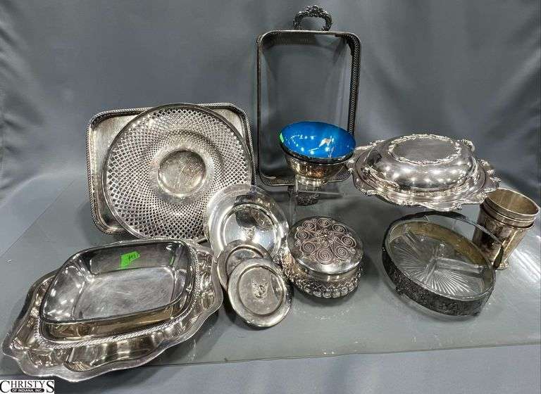 A Group of Silver-Plate Items to Include a Covered Serving Dish, Tray, Cups, Bowls, Lidded Dish, and Small Serving Pieces image
