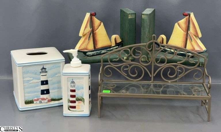 Lighthouse Soap Dispenser and Tissue Cover, Wooden Sailboat Bookends, Small Metal Bench Style Shelf - 12" x 8.5" of bench image