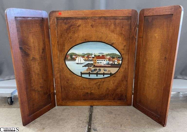 Folk Style Painted Wood Three Panel Screen - 51" x 30.5" overall image