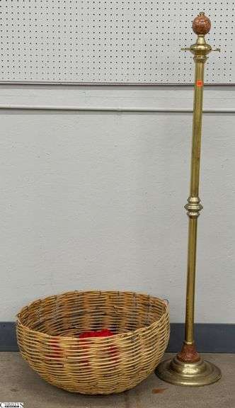 Brass Tone Pool Cue Stand and Large Woven Basket - 61" T of stand, missing one ring image