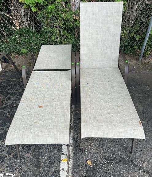 2 Adjustable Patio Outdoor Loungers - 24" W x 66" L x 40" as sits, some scuffing/wear from use image