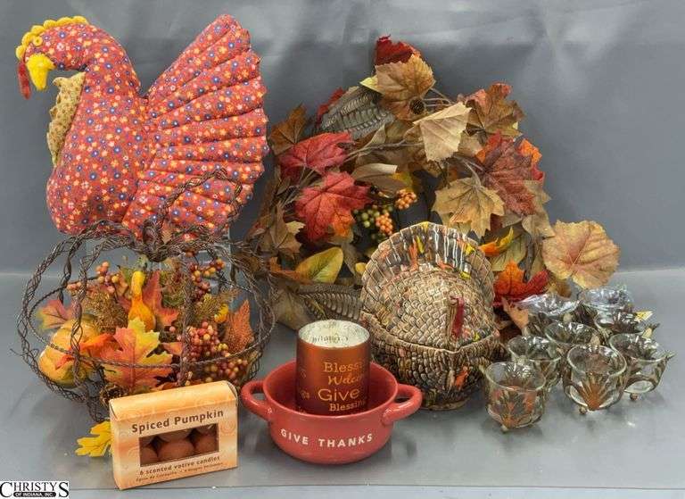 Assorted Fall Theme Decor - Votive Holders, Artificial Garland, Candles, Misc - 11" of tallest image