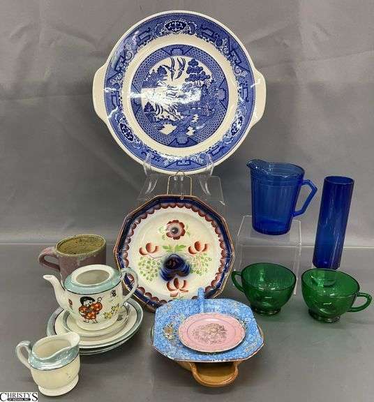 Pottery Mug, China Plates, Misc Glass - 11" of largest image