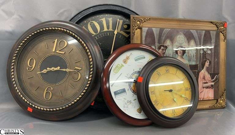 4 Novelty Wall Clocks and Framed Print - 19" D of largest clock image