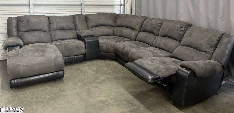 Faux Suede and Leather Accent Sectional Sofa - 115" x 108" corner to corner x 38" x 35" - 17" seat - some wear image