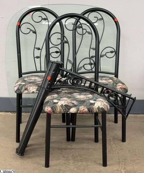 3 Black Metal Kitchen Chairs and Black Metal Table Base w/ Glass Top - Missing Hardware - 40" T of chair image