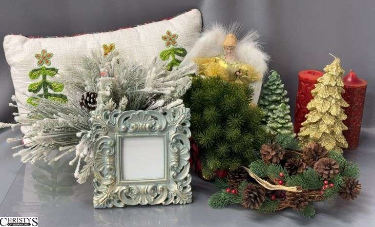 Artificial Christmas Greenery, Tree Pillow, Candles, Tree Topper - 20" x 13" of pillow image