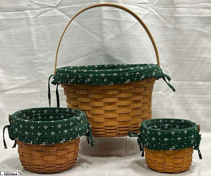 3 Longaberger 1998 Baskets with Swing Handles, Liners and Protectors.  13" Round, 7" & 6" Round image
