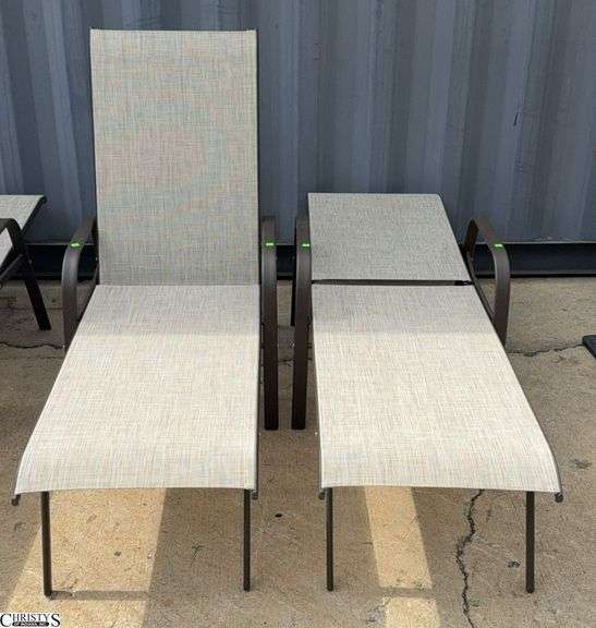 2 Adjustable Patio Outdoor Loungers - 24" W x 66" L x 40" as sits, some scuffing/wear from use image