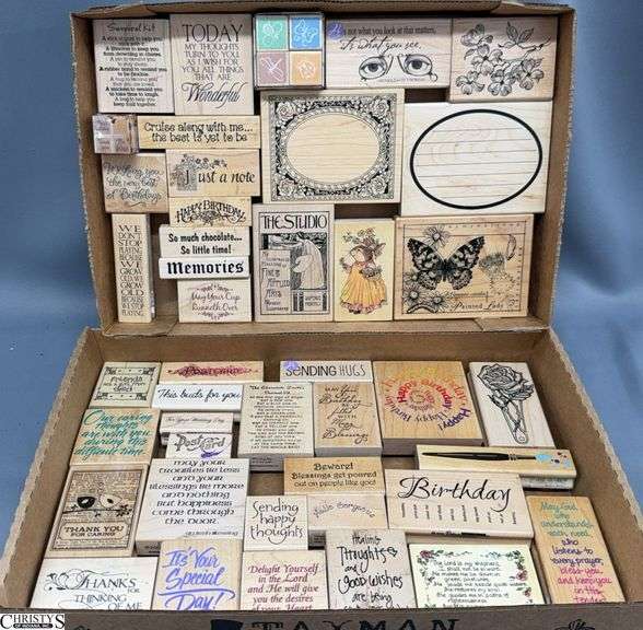 45 Woodblock Rubber Stamps, Birthday Greetings, Frames, Flowers image