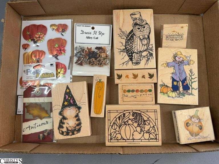 Wooden Block Rubber Stamps, Owl, Fall, Dress It Up Embellishments Alley Cats, Pumpkin Stickers image