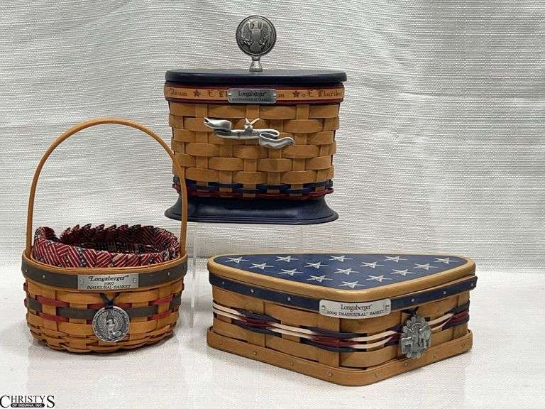 3 Longaberger Inaugural Baskets with Protectors, Liners and Tie Ons.  1997, 2009 & 2013 image