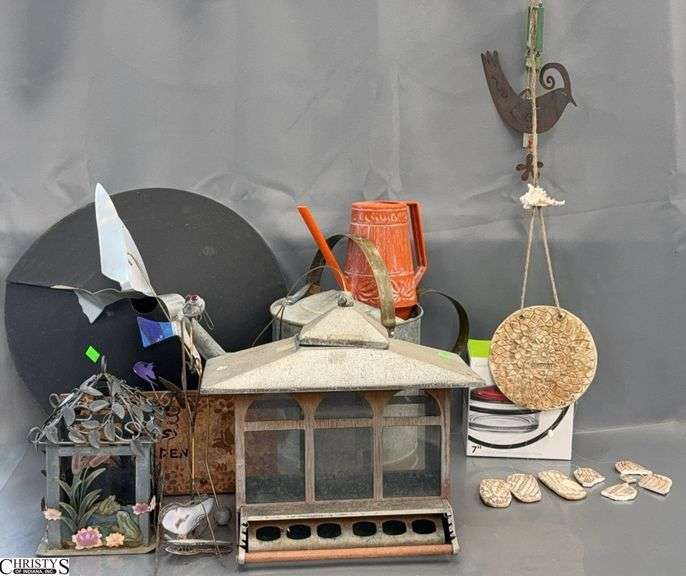 Bird Feeders, Metal Squirrel Guard, Lantern, Water Can, Windchime, Garden Decor - Some wear, chipping - 14" of largest image