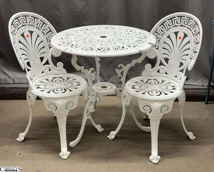 Cast Aluminum Outdoor Table and 2 Chairs - 27" x 27" of table - some finish wear image