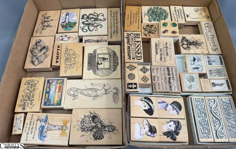 45 Woodblock Rubber Stamps, Sea Creatures, Sand Castles, Beach, Sayings and Quotes image