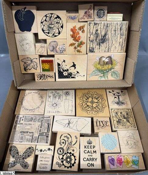 32 Stamps Various Makers and Themes, Flowers, Steam Punk Gears, Leaves, Tree Bark, Sayings, Yellowstone Park Print image