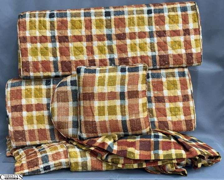 MCM Plaid Twin Bed Pillows, Coverlet, Bed Skirt - 35" of bolster pillow - appears to have some sun fading image