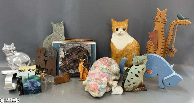 Cat Theme Decor - Figurines, Painted Wood Pieces, Framed Print, Carved Stone Tile, Misc - 10.5" of tallest image