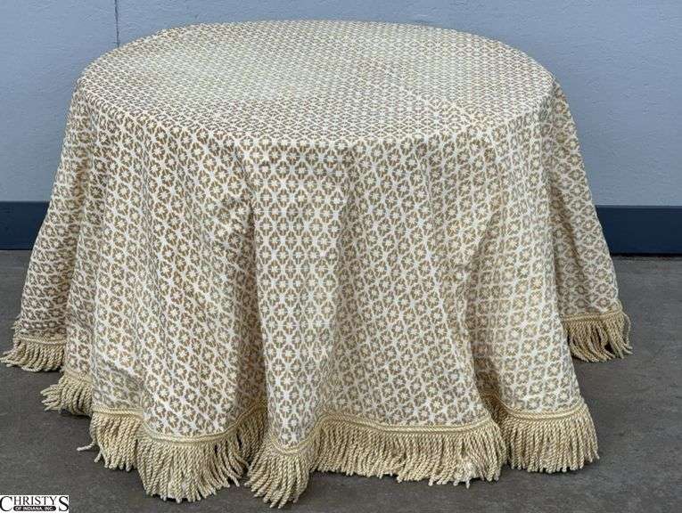 41" Round Wooden Decorator Table - 28" T - tablecloth appears to have sun fading image