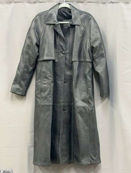 Vincents Leather Trench Style Coat - 20" shoulder to shoulder, 21" underarm to underarm, 27" from shoulder to cuff, 48" length approx - some edge wear image