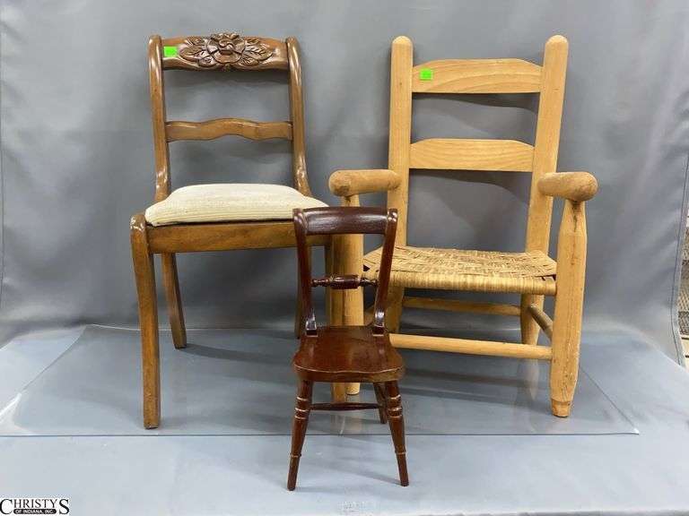 Child's and Doll Size Wooden Chairs - 22" x 12" seat of largest image