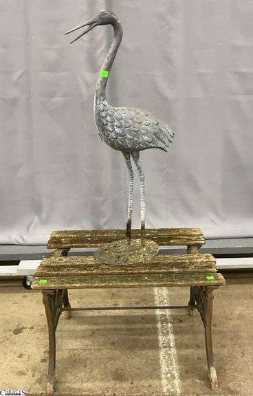 Outdoor Metal Crane Statue and Small Garden Bench - Both show wear, bench is very loose - 31" of crane image