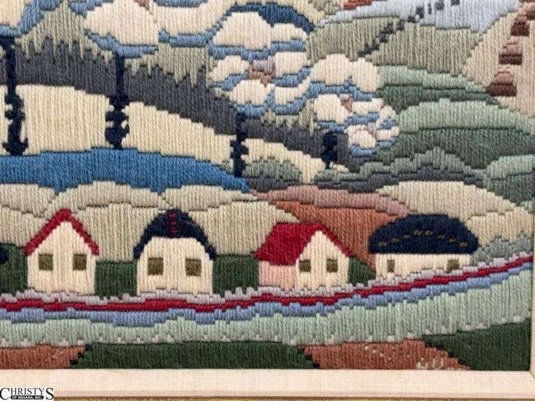 Framed Village Countryside Needlepoint - 22" x 21" of frame image