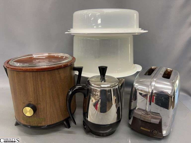 Crockpot, Vintage Toaster, Percolator, 2 Plastic Bakery Storage Pieces - 9" T of crockpot image