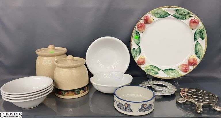 Pottery Canisters, Bowls, Serving Platter, Trivets - 14.5" D of platter image