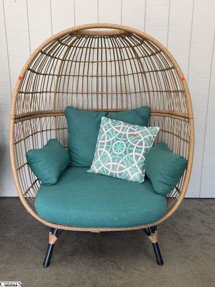 Resin Wicker Egg Outdoor Lounge Chair - 46" x 42" x 61" - 18" seat - some staining to cushion image