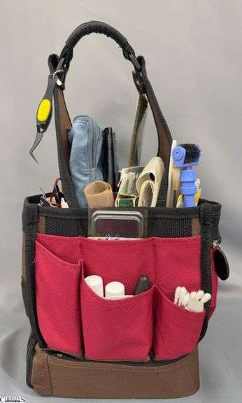 Craft Tool Tote, Exacto Knives, Colored Pencils, Paper Piercers, Precision Placement Tools, Mini Scor Boards, Cutting Mats, Gel Press Plate, Adhesives image