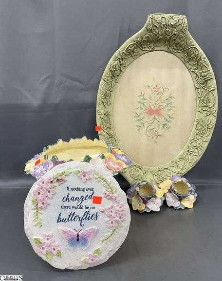 Outdoor/Patio Tray, Plaque, and Pansy Motif Dish and Candle Holders - 24" of tray image