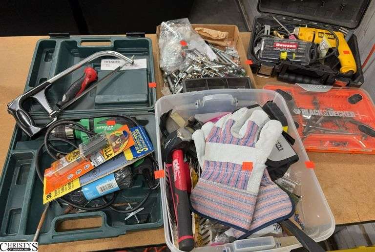 Assorted Hand Tools - Hitachi Drill, Drill Bits, Dewalt Drill, Hammers, Misc Hardware image