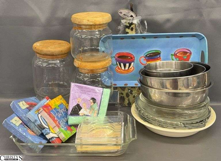 Glass Storage Canisters, Stainless Mixing Bowls, Glass Pie Pans, Paper Napkins, Misc - 12" of largest piece image