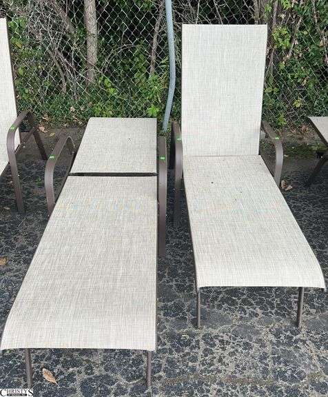 2 Adjustable Patio Outdoor Loungers - 24" W x 66" L x 40" as sits, some scuffing/wear from use image