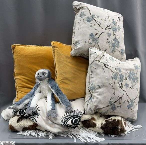 4 Throw Pillows and 3 Throw Blankets - 16" x 16" of largest pillow - Some wear image
