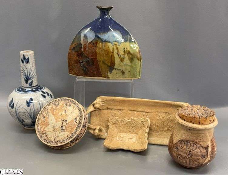 6pcs Studio Pottery - Vases, Trinket Trays, Lidded Dish, Cork Lid Jar - 8.5" of tallest image