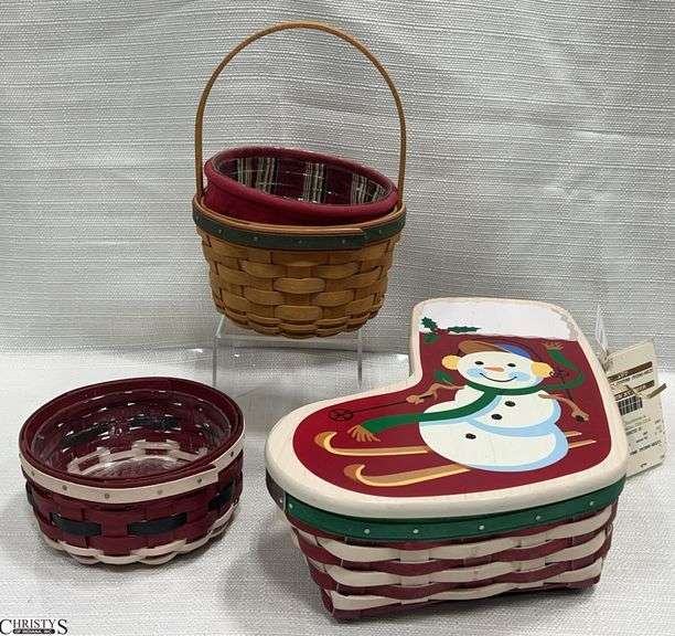 3 Longaberger Christmas Baskets.  Includes Stocking Basket with Lid, Protector and Liner, Holiday Helper Basket and 2019 Small Santa Belly Basket image