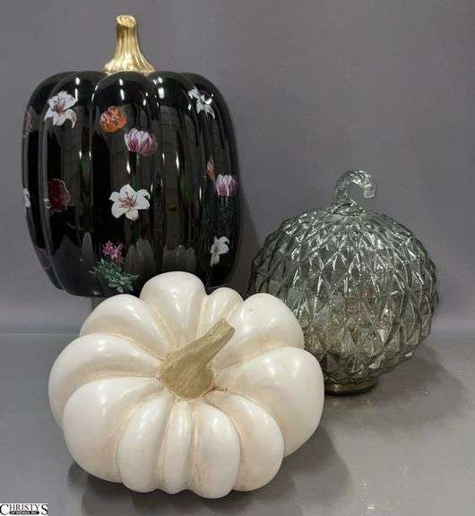 3 Decorative Glass, Ceramic, and Resin Pumpkins - 11" of tallest image