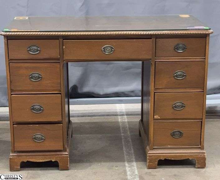 9 Drawer Kneehole Desk w/ Glass Top - 43" x 22" x 30"- some edge wear image