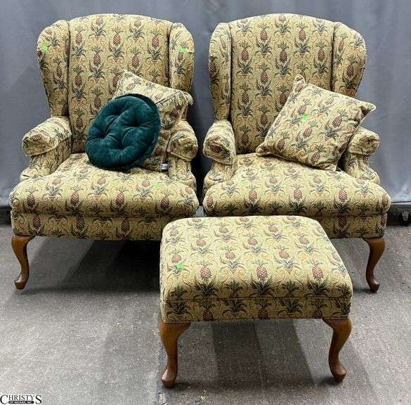 Pair of Riverdale Pineapple Upholstered Chairs and Ottoman 29x29x41", Ottoman 23x17x16" image