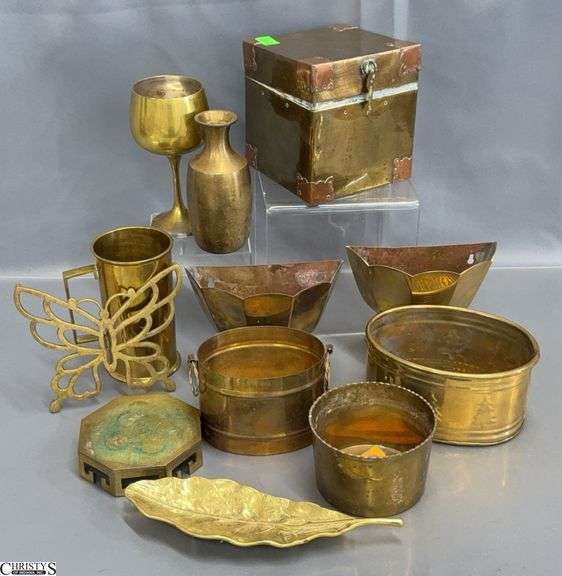 Assorted Brass Planters, Cups, Lidded Box, Trivet, Trinket Dishes - 5" x 5" of box image
