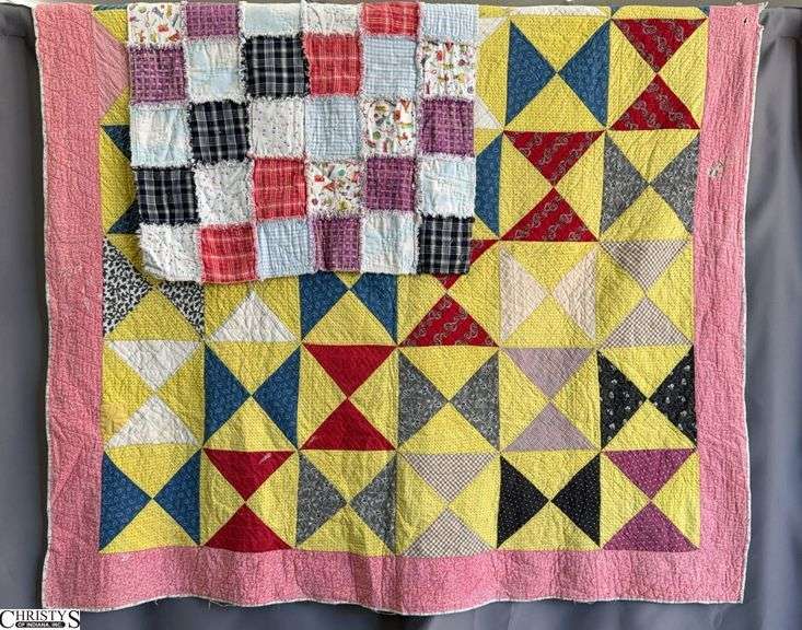 2 Handmade Quilts - 68" x 70" of largest - some edge wear, damage to fabric image