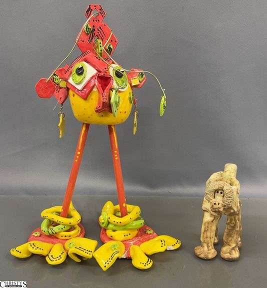 Quirky Pottery Bird Sculpture and Baboon Figurine - 14.5" of bird, shows repaired damage image