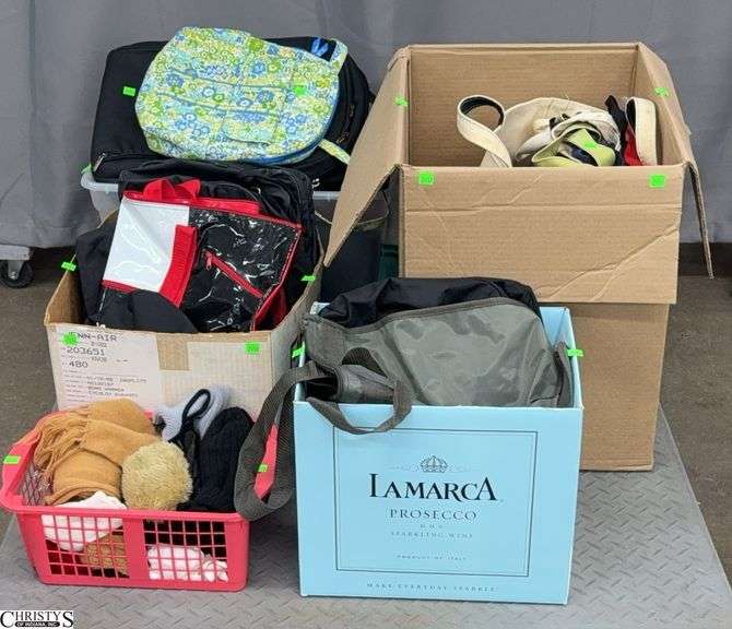 5 Boxes/Totes Assorted Backpacks, Tote Bags, Misc Bags - Some wear, mildew present - SKID NOT INCLUDED image