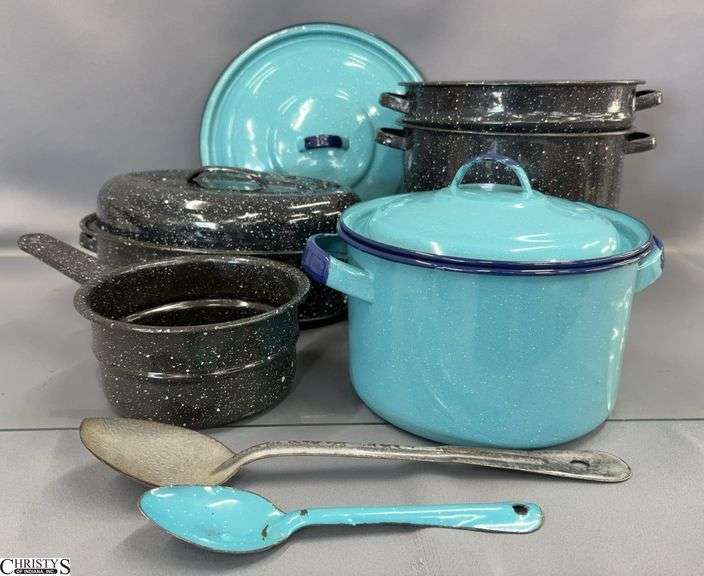 Enamel Graniteware Pots, Small Roaster, Pot, Spoons - 9" x 11" of largest image
